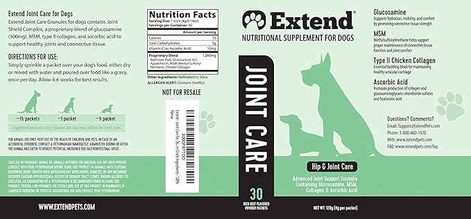 Extend Joint Care for Dogs Beef Flavored Joint Supplement Powder Packets with Glucosamine, Chondroitin, MSM & Collagen, Hip & Joint Support, Mobility & Cartilage Health, Daily Dog Supplement, 60 Count