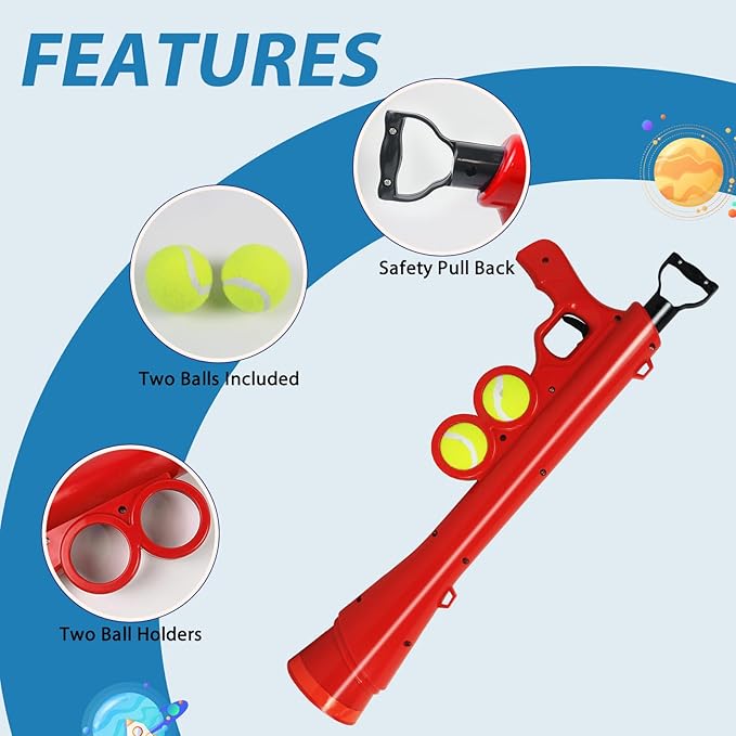 Dog Ball Launcher for Pet, Dog Ball Thrower Launcher with 2 Tennis Balls & Shoulder Strap, 23.4" Long-Range Ball Launcher Toy for All Dog Breeds, Red
