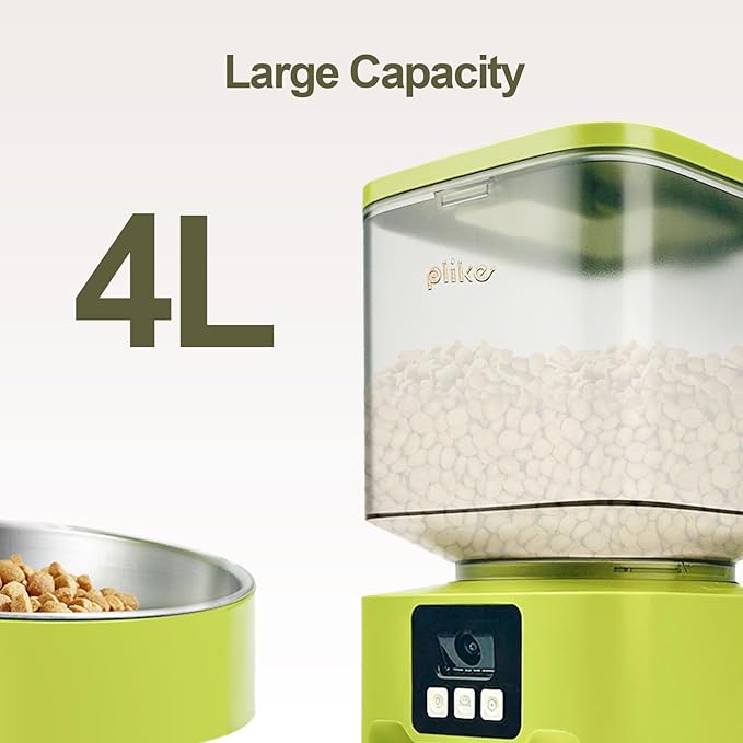 Plike Automatic Pet Feeder with Camera & App Control - Dual-Band WiFi (2.4G & 5G), 2-Way Audio, Night Vision, Anti-Clog Design, 4L Food Dispenser with Stainless Steel Bowl for Cats and Dogs
