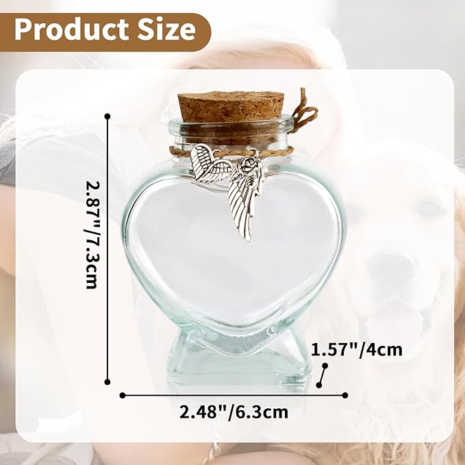 Pet Hair Keepsake Bottle for Dogs & Cats, Memorial Glass Bottle with Heart Design, Includes 2 Silver Accessories, Pet Fur Keepsake for Pet Loss Remembrance, Heart Shape