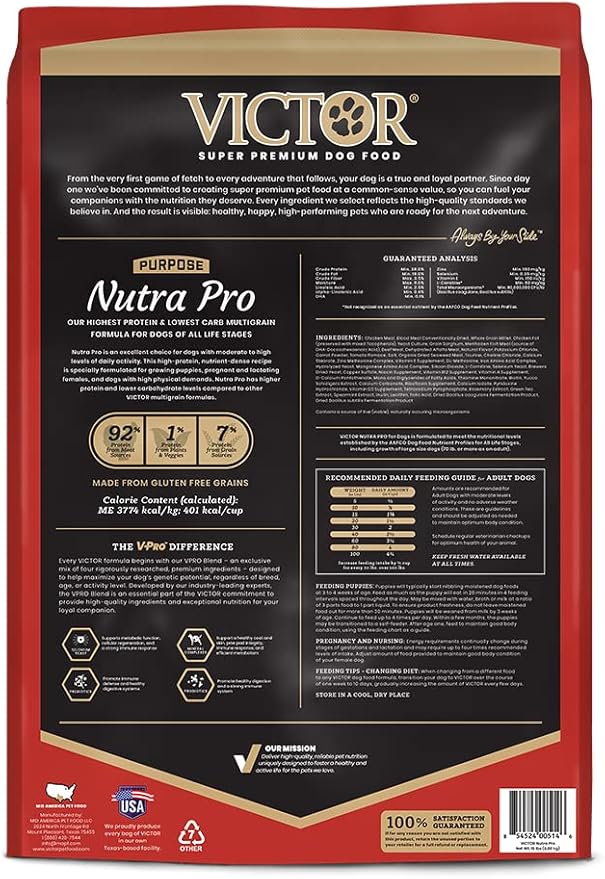 VICTOR Super Premium Dog Food – Purpose Nutra Pro – Gluten-Free, High Protein Low Carb Dry Kibble for Active Dogs of All Ages – Ideal for Sporting, Pregnant or Nursing Dogs & Puppies, 15lbs