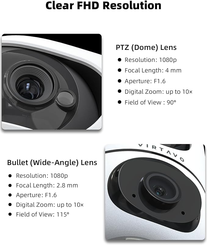 VIRTAVO XD1 Indoor Pet & Baby Camera, No Subscription Required, Dual-Lens 360° PTZ, Motion Tracking, 2-Way Audio, Night Vision, Cloud/SD Storage, Phone App, WiFi, 2-Pack with 2-Year Warranty