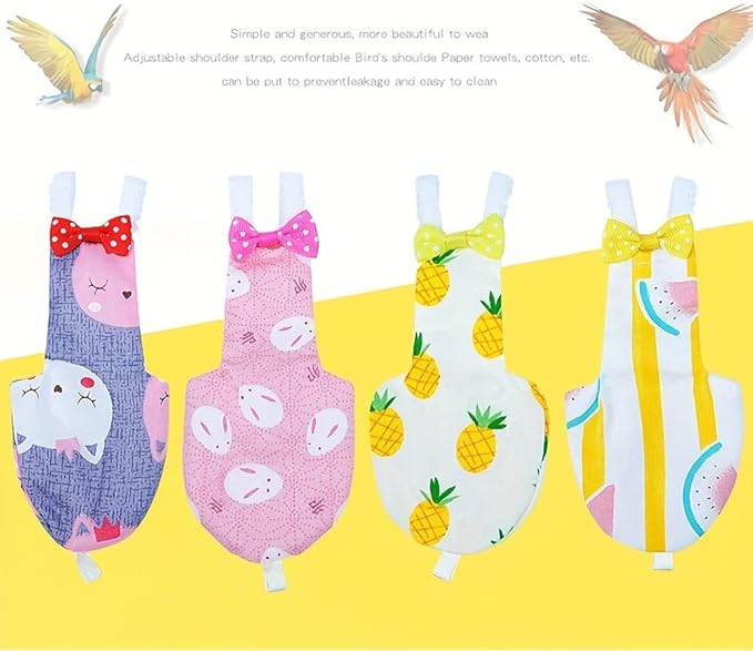 Bird Clothes, 4-Pack Reusable Bird Diapers with Adjustable Strap for Small and Medium Parrots, Cockatiels, Lovebirds, Parakeets (S)