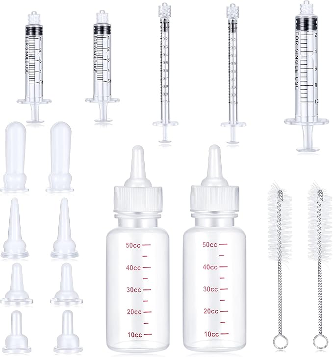 Sadnyy 17 Pieces Pet Nursing Bottle Kit Including 2 Pet Feeding Bottle, 8 Replacement Feeding Nipples, 5 Dog Nursing Syringes in 1 Ml, 5 ml and 10 Ml, 2 Cleaning Brushes for Kittens, Puppies, Rabbits