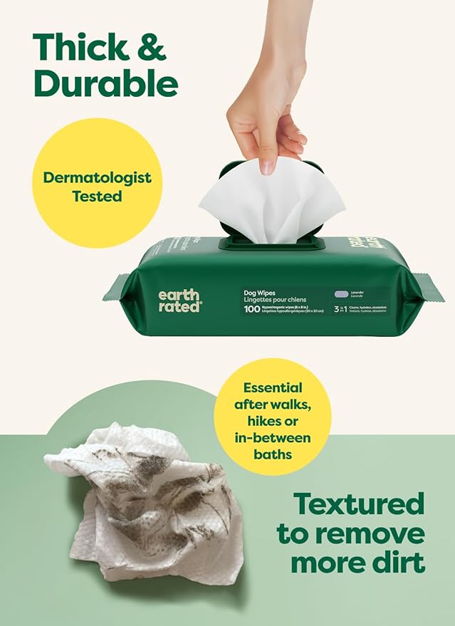 Earth Rated Dog Wipes, Hypoallergenic, 3-in-1 Cleaning and Hydrating, for Grooming Paws, Body and Butt, Lavender Scented, 100 Count