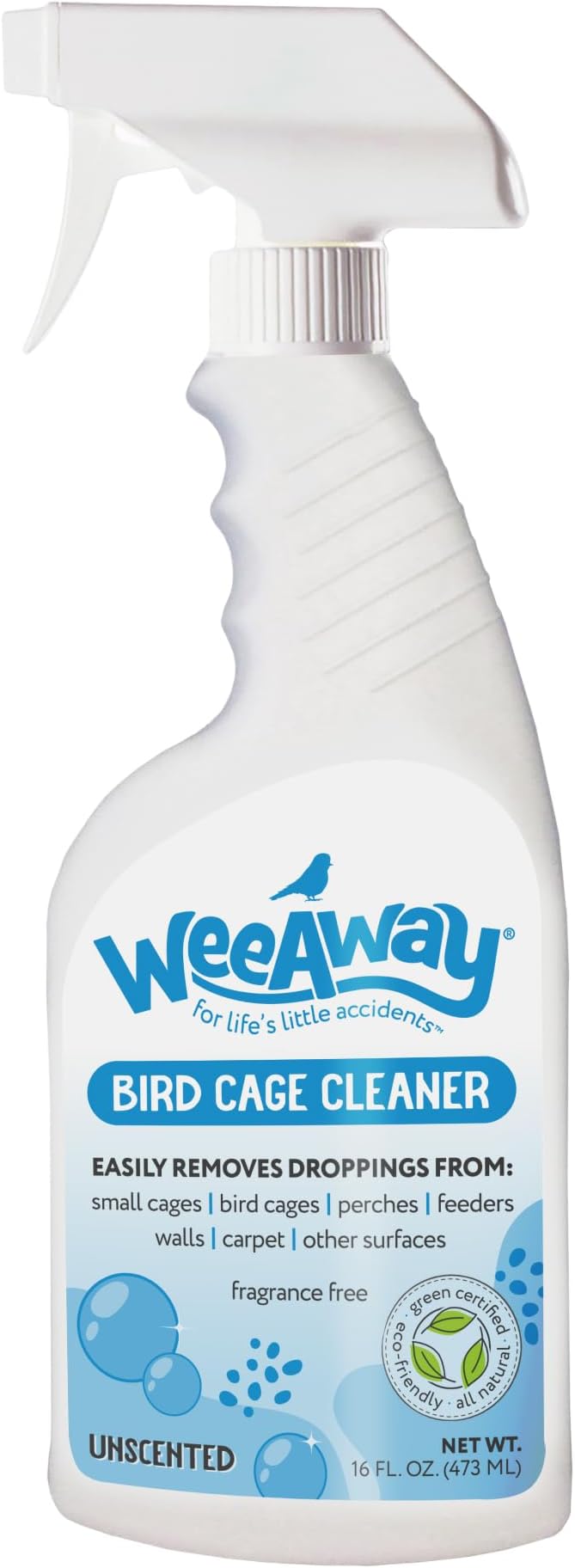 Wee Away Bird Cage Cleaner for Small Cages, Droppings Remover, Enzyme Cleaning Spray for Perches, Feeders, and Walls, Unscented, 16 fl oz