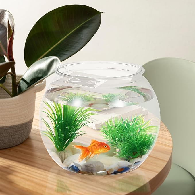 Totority Transparent Round Fish Bowl 8.66 Inch Durable PET Aquarium Tank, Shatterproof Desktop and Bookshelf Decor for Office, Home, Party & Carnival, Stylish Small Fish Tank for Betta & Goldfish
