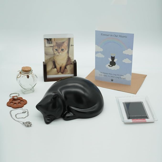 Pet Cat Urns for Ashes, Sleeping Resin Cremation Animal Urn and Sealed Bag, Decorative Memorial, Fur Keepsake, Ashes Necklace, Keychain, Inkless Paw Print Kit, Picture Frames, Sympathy Cards(Black)