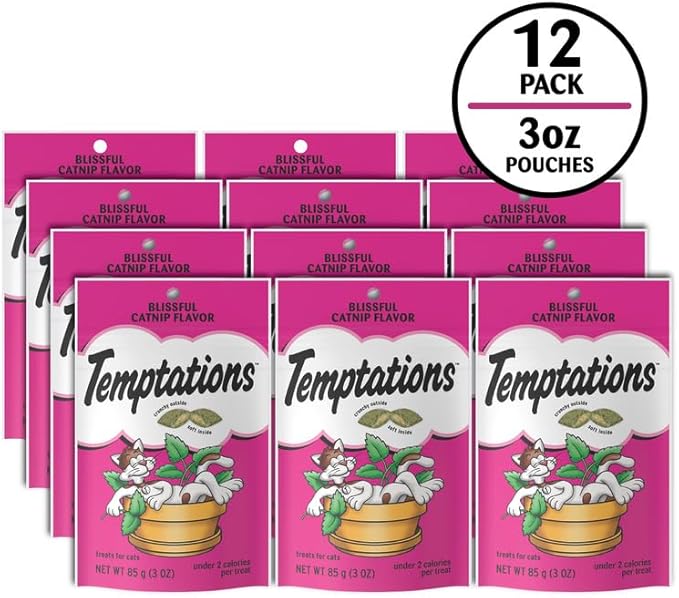 Temptations Cat Treats, Classic Crunchy and Soft Cat Treats, Blissful Catnip Flavor, Catnip Treats, 3 oz. Pouch (Pack of 12)
