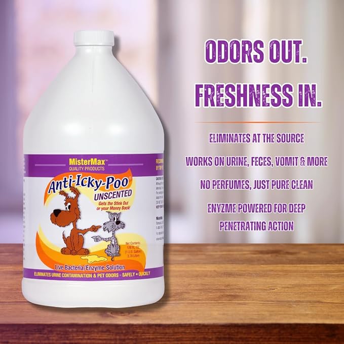 Mister Max Anti Icky Poo Pet Urine Enzyme Cleaner & Feces Odor Remover, Enzymatic Cleaner for Dog & Cat Urine, Pet Odor Remover Spray, 1 Gallon (Unscented)