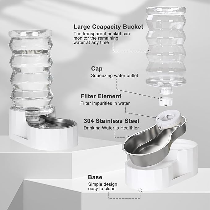 RIZZARI Large Gravity Water Dispenser: 8L Auto-Refill Stainless Steel Dog Water Feeder with Triple Filter - No Spill and BPA-Free - for Large or Active Dogs & Multi-Dog Households - Porch - Garden
