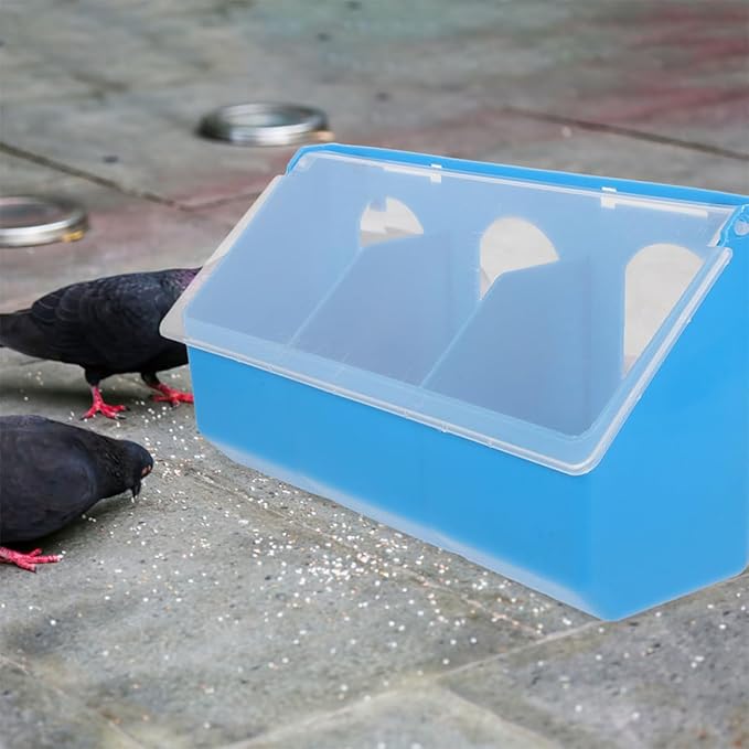 2pcs Hanging Bird Feeder Bowls with Lid, 3-Compartment Plastic Pigeon Feeders for Cage, Multipurpose Poultry Feeding and Watering Supplies in Blue