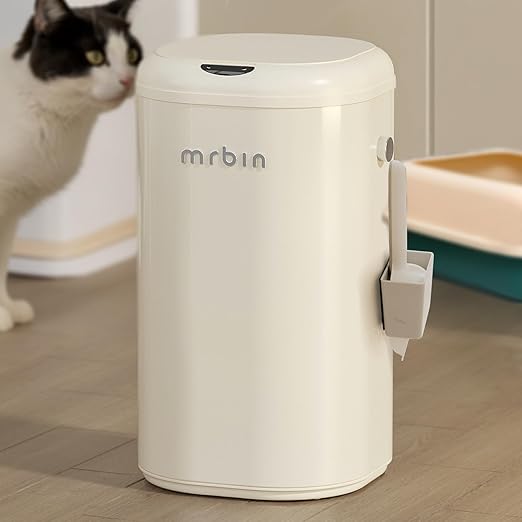MRBIN Cat Litter Trash can Adsorption Metal, 30L / 7.9gal Automatic Absorbing Bag Diaper Pail, Garbage Bin with Wheels, cat Poop Odor Control Litter Box, Motion Sensor