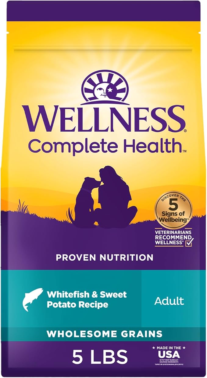 Wellness Complete Health Adult Dry Dog Food, Wholesome Grain Kibble, Natural, Chicken Free, Whitefish and Sweet Potato Recipe, 5 lb Bag