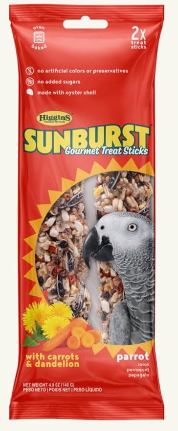 Higgins Sunburst Gourmet Avian Treat Sticks for Parrots. Carrot & Dandelion 2pk. 4.9oz.