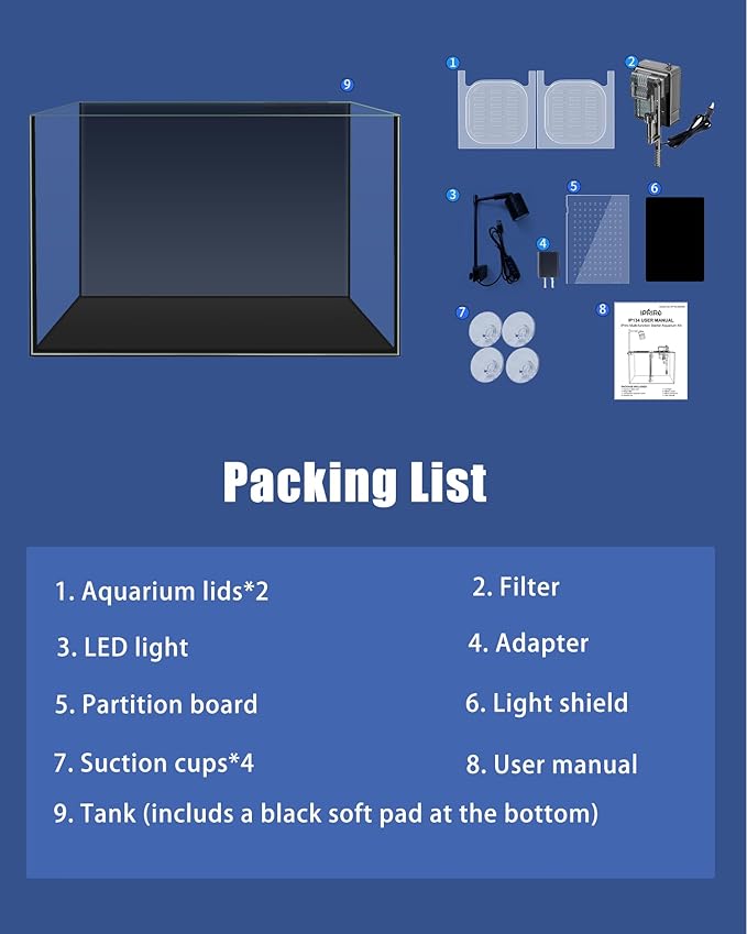 Fish Tank, 3 Gallon Ultra-Clear Glass Fish Aquarium, with Separator Plate for Betta, Fish Tank Starter kit with Filter and Led Light, Black