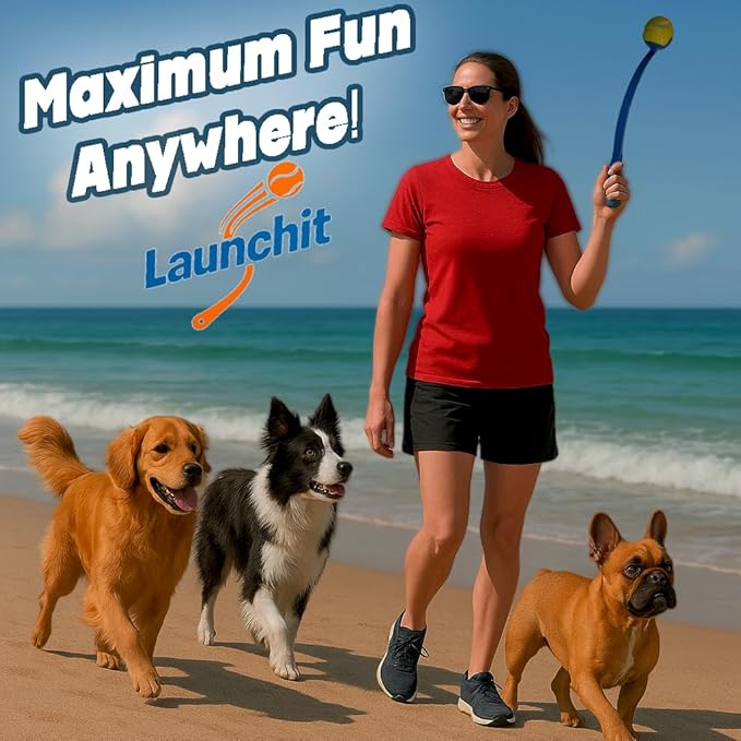 Dog Ball Launcher, Tennis Ball Thrower, Compact Design 13.8" Stick with Medium 2.5" Ball (Blue)