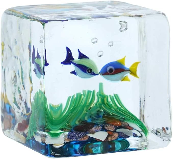 GlassOfVenice Murano Glass Aquarium Cube With Tropical Fish