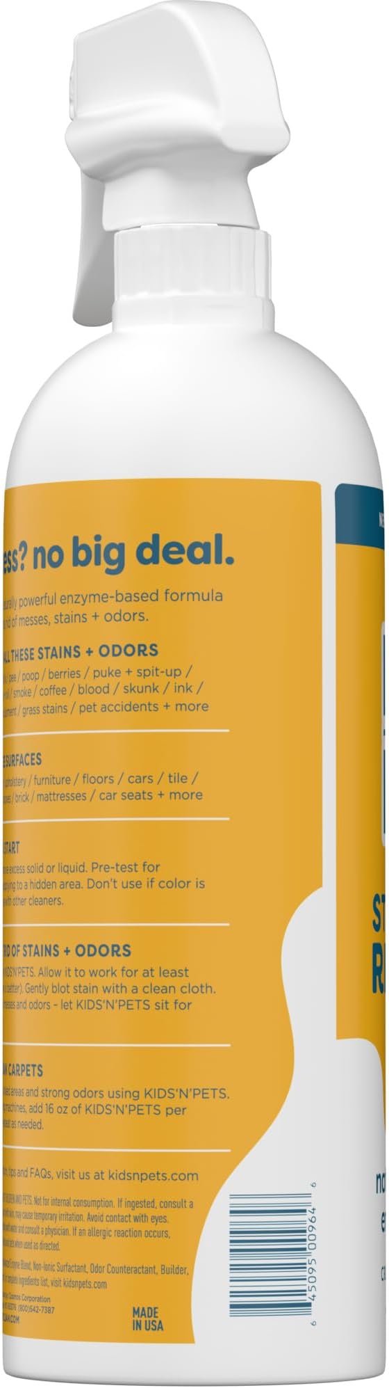 KIDS 'N' PETS Instant All-Purpose Stain & Odor Remover Permanently Eliminates Dog Pee, Cat Urine, Other Smells, Spots from Home Carpet, Couch, Furniture, Mattress, Fabric. Non-Toxic, Child Safe - 32oz
