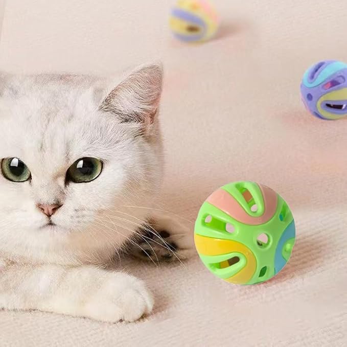 Colorful Cat Toy Balls with Bell 6PCS, Interactive Hollow Design, Plastic, Training Exercise Toy(2 in 1 B2+P2)
