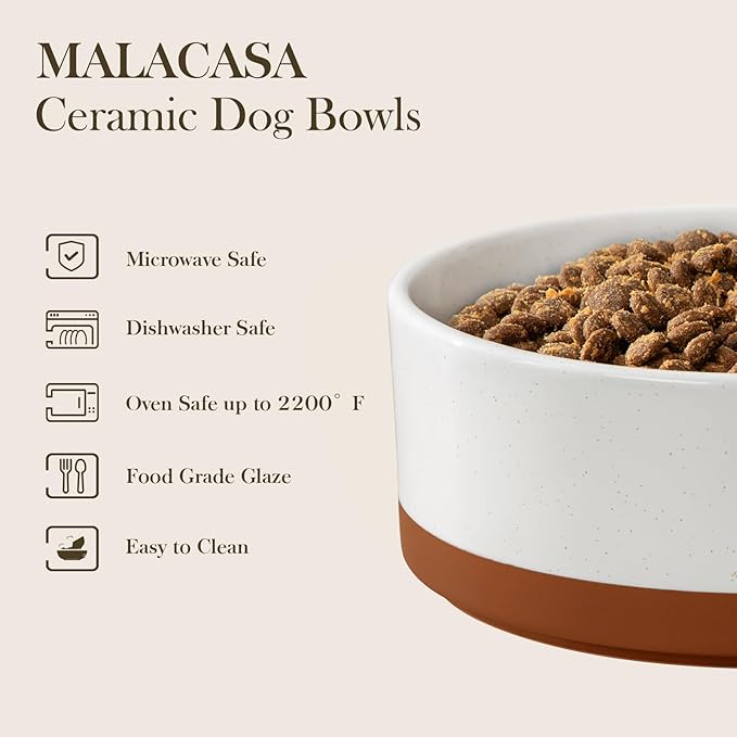 MALACASA Dog Bowls Set with Wooden Stand, 6 Cups Food Water Bowl Set for Medium to Large Size Dogs, Ceramic Pet Bowls with Weighted Non-Slip Base, Basic Bowls for Your Dog,58Oz