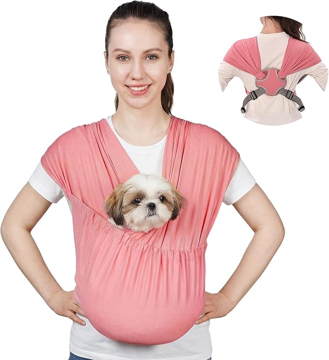 Supet Dog Sling Carrier for Small Pets, Hands Free Front Cat Sling, Reducing Back Neck Pain Anti-Anxiety, Adjustable Soft Carrying (Pink, Plus)