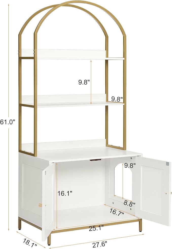 Homhedy Cat Litter Box Enclosure, Litter Box Furniture Hidden with 2-Tier Storage Shelves, Wooden Cat Washroom Furniture with Metal Frame, Modern Style, White and Gold