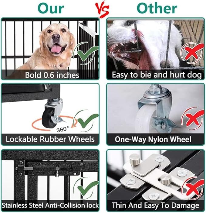 Oranland 48 Inch Heavy Duty Dog Crate Cage with Wheels, High Anxiety Indestructible, Sturdy Locks Design, Double Door and Removable Tray, Extra Large XL XXL