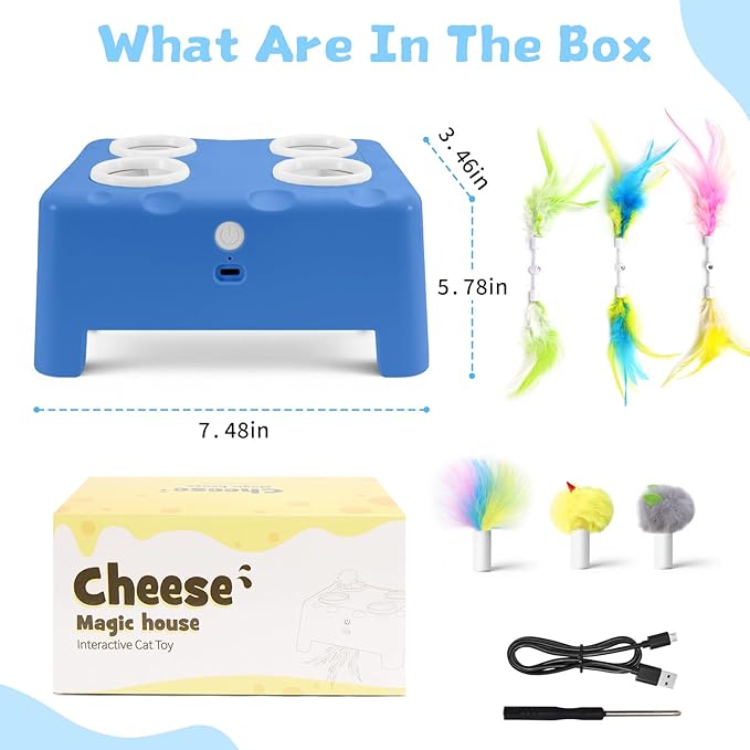 Interactive Cat Toy for Indoor Cats, 3 Modes Feathers Toy, Rechargeable 4 Holes Mole Cat Toys, Cheese Box for Kitten, 6 Accessories (Blue)