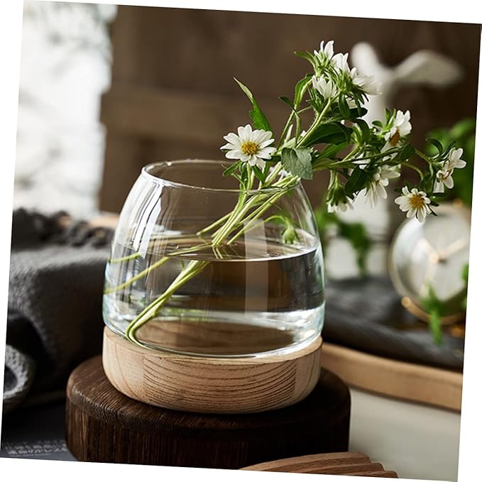 Sosoport 1set Decorative Glass Planter Wooden Base Unique Betta Fish Bowl Hydroponic Plants Container for Desktop Decor for Home Office Wedding Garden Settings