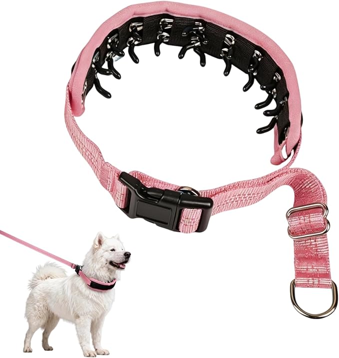 Lightweight Prong Collar for Dogs, Reflective No Pull Dog Collar | Adjustable Size Dog Pinch, Breathable Woven Fabric Air Grid Technology, Martingale Collar for Dogs Training（Pink-XL）