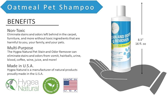Hygea Natural Stain and Odor Eliminator, Pet Odor and Stain Remover for Urine & Vomit, Spot Carpet Cleaner for Small Animal, 16 Oz