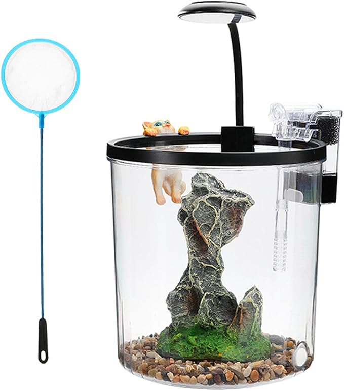 Small Fish Tank Starter Kit, 1.5 Gallon Plastic Shrimp Tank with Filter, LED Light, Fish Tank for Betta Fish, Guppy, Shrimp, Goldfish Beginner's Gift