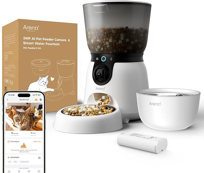 ARENTI Automatic Cat Feeder and Water Dispenser with Camera, 2K Adjustable View & Invisible Privacy Mode, 4.5L Cat Food Dispenser Fountain Combo, 5G/2.4G WiFi, 2-Way Audio, AI Alerts, Battery Backup