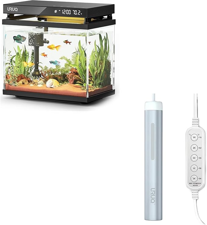 2 Gal Fish Tank Betta Aquarium Kit Black & 50W Aquarium Heater