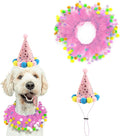 2-PC Pet Birthday Party Costume-Puppy Pink Adjustable Collar Saree with Colorful Balls and Cute Star Hat Soft Costume Accessory for Dogs Cats