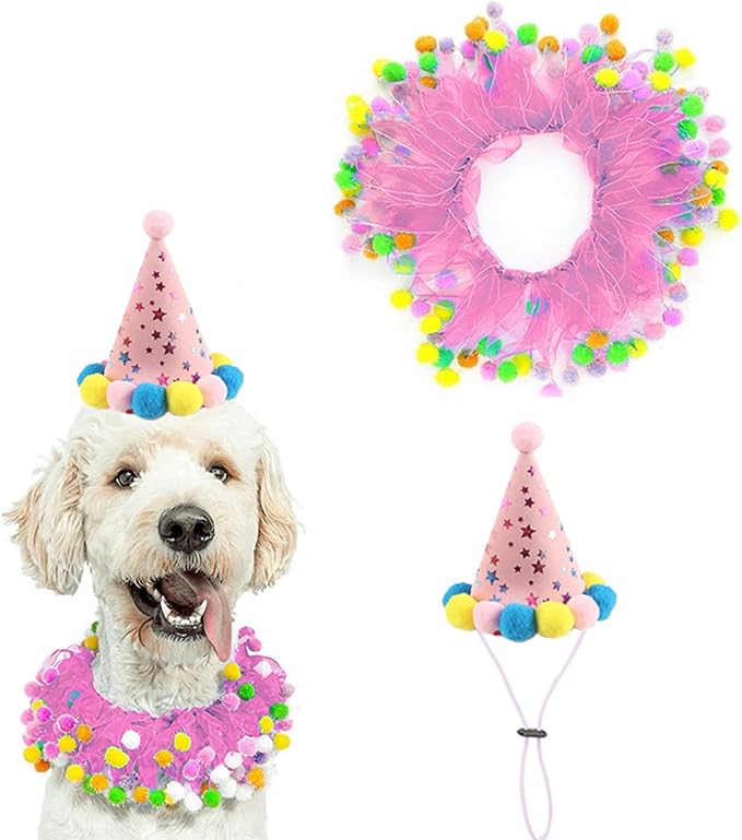 2-PC Pet Birthday Party Costume-Puppy Pink Adjustable Collar Saree with Colorful Balls and Cute Star Hat Soft Costume Accessory for Dogs Cats