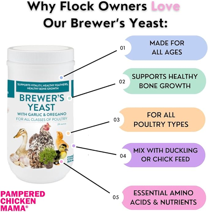 Brewer's Yeast for Ducks & Chickens with Garlic & Dried Oregano (24 Ounce) | Niacin for Ducks, Chicks, and Adult Chickens | Chicken Probiotic & Amino Acids| Pampered Chicken Mama (24 Ounce)