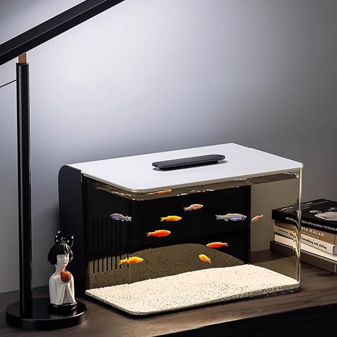 Office Acrylic Desktop Aquarium Kits, HD Plexiglass Betta Fish Tank, Hidden Filtering Area, 3 Gallon Small Fish Tank with LED Light, USB Power Supply, Modern 11L Acrylic Aquarium Starter,Kit