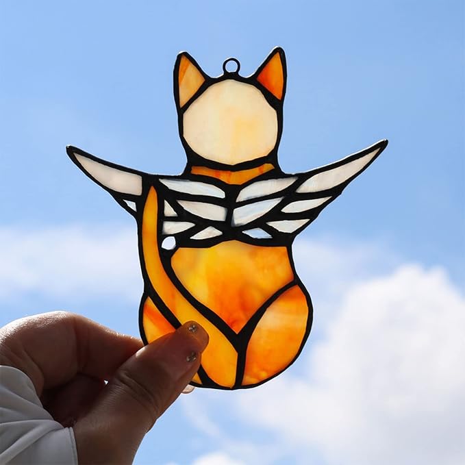 BOXCASA Angel Cat Memorial Gifts for Women,Stained Glass Window Hanging Decorations,Angel Wings Orange Cat Suncatcher Decor,Pet Memorial Sympathy Gifts Decoration