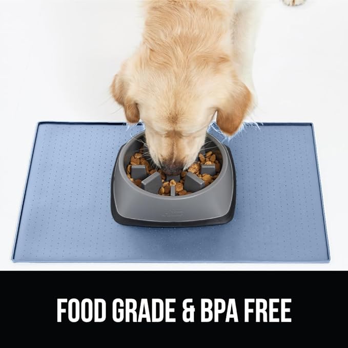 GORILLA GRIP 100% Waterproof Raised Edge BPA Free Silicone Pet Feeding Mat, Dog Cat Food Mats Contain Spills Protects Floors, Placemats for Cats and Dogs Water Bowl, Pets Accessories 16x10, Blue