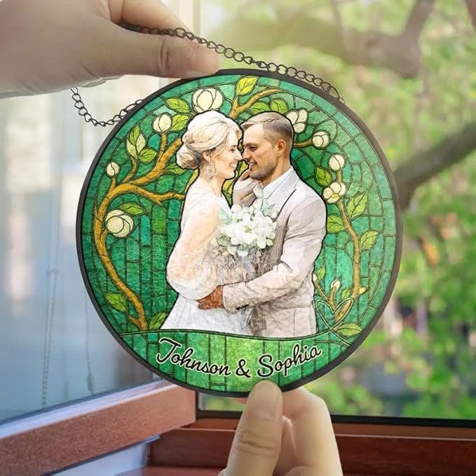 Personalized Couples Photo Stained Glass Catcher, Custom Photo Portrait Couple Family Stained Glass Window Hanging Catcher, Gifts for Newlyweds, Wedding, Couple, Valentine's Day Gift/21