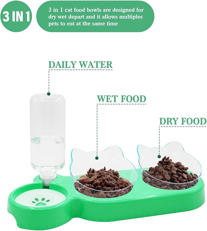 Triple Cat Bowls - 15 Tilt 3-in-1 Water Feeder Bowls with Automatic Water Bottle, Whisker Friendly Elevated Feeding Dishes for Small Cats and Puppies (Mint Green)