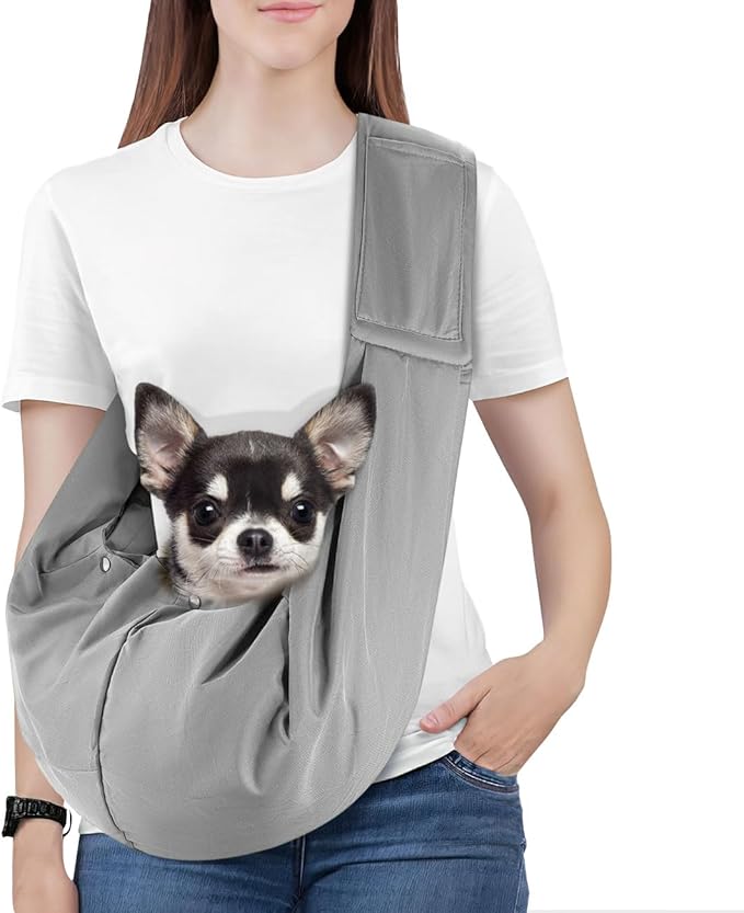 Pawaboo Small Dog Sling Carrier, Reversible Hands Free Dog Sling Carriers for Small Dogs and Cats, Puppy Slings Carrier with Safety Harness, Puppy Essentials, Light Gray