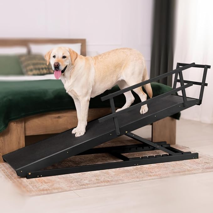 Dog Ramp for Bed with Safety Rails for High Beds up to 37" – Extra Wide 19.5" Adjustable Dog Bed Ramp for Large Dogs up to 200 lbs – Solid Birchwood, Non-Slip Rubber Surface, Foldable Design – Black