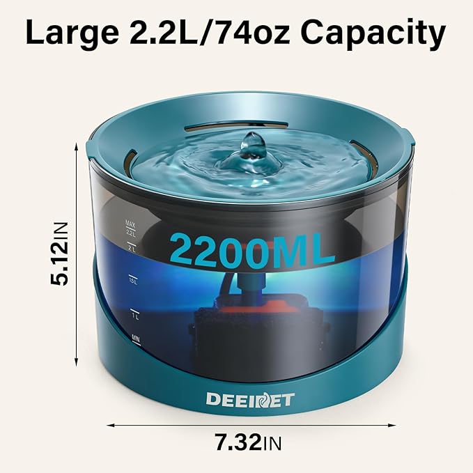 Cat Water Fountain, 74oz/2.2L Ultra Quiet Automatic Water Dispenser for Cats Dogs with Colorful LED Indicator, Water Bowl for Pets with Filter