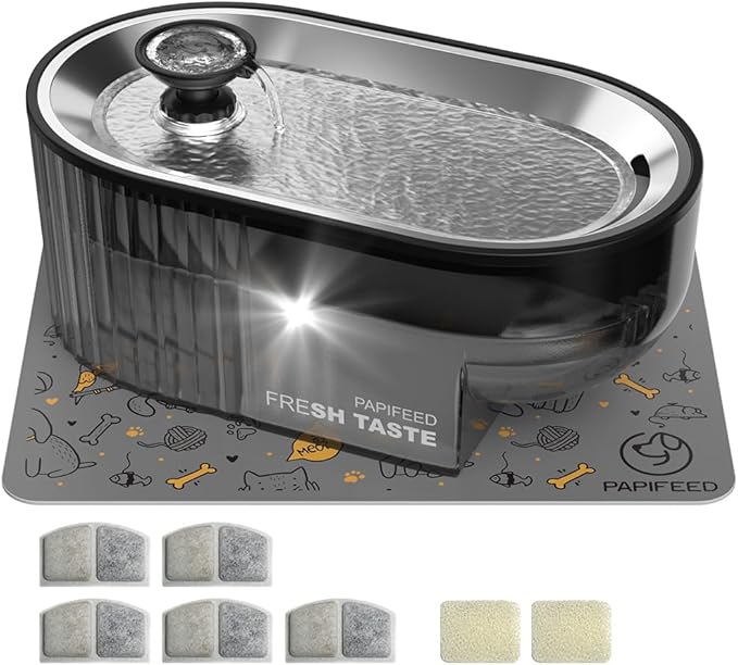 Cat Water Fountain Stainless Steel with a Silicone Mat, 84oz/2.5L Automatic Cat Water Fountain with Water Level Window and LED Light, Quiet Low Power Cat Water Bowl & Cat Water Dispenser(Black)