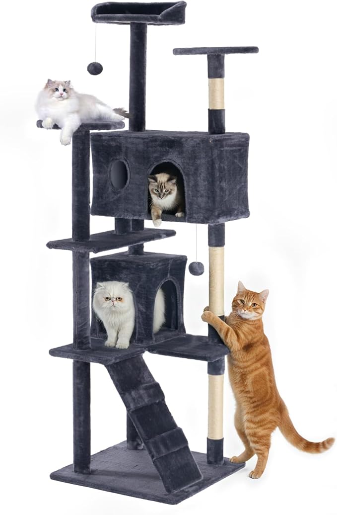 Sweetcrispy 80 Inch Cat Tree Tower, Multi-Level with Cat Scratching Post, Indoor Cat Condo with Climbing Ladder, Plush Toy, Play House for Cat, Dark Grey