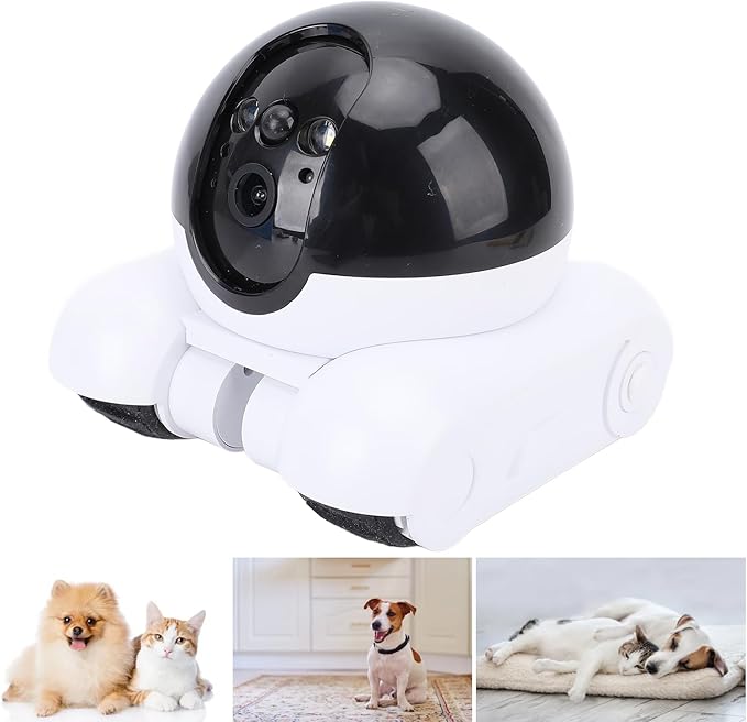 PUSOKEI 1080P Indoor Security Camera, Movable WiFi Pet Camera with Dual Lens, 2 Way Talk, Motion Detection, Night Vision, APP Remote Control, Wire Less Robot Cam for Cat Dog Family