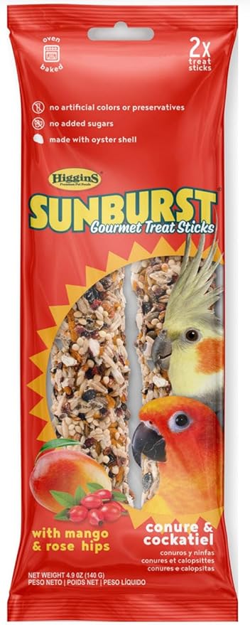 Higgins Sunburst Gourmet Conure, Cockatiel Treat Sticks Bundle | Sunburst Gourmet Conure, Cockatiel Nuts & Raisins Sticks 2pk & Mango & Rose HIPS Sticks 2pk.